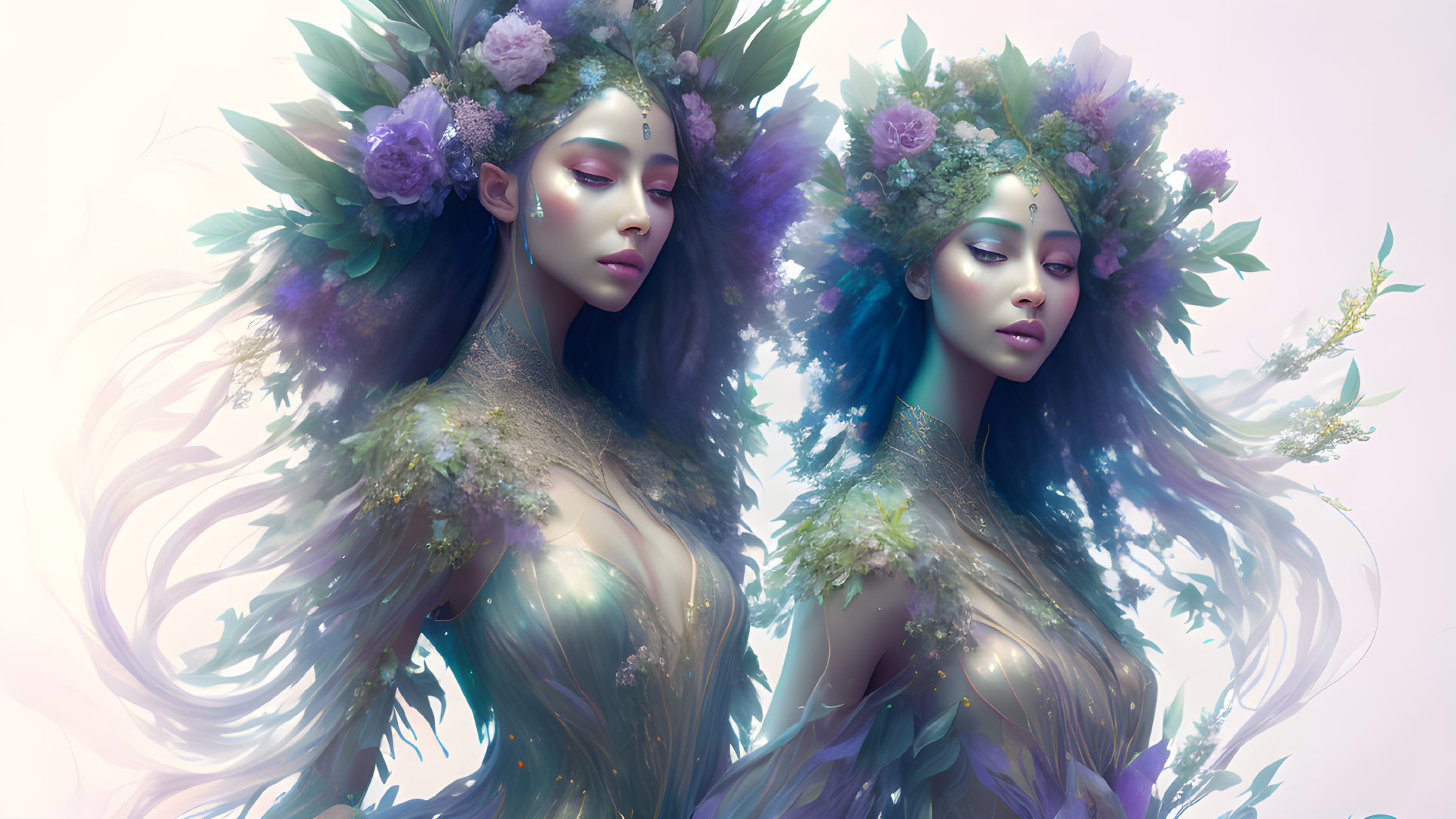 Ethereal women with floral crowns and flowing hair in soft purples and greens embody nature