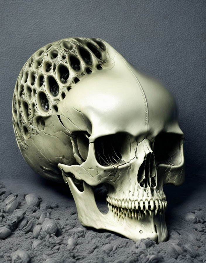 Human Skull with Honeycomb Texture on Left Side Against Grey Background