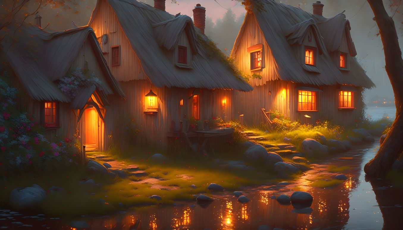 Cozy Thatched-Roof Cottages in Forest Glade at Dusk