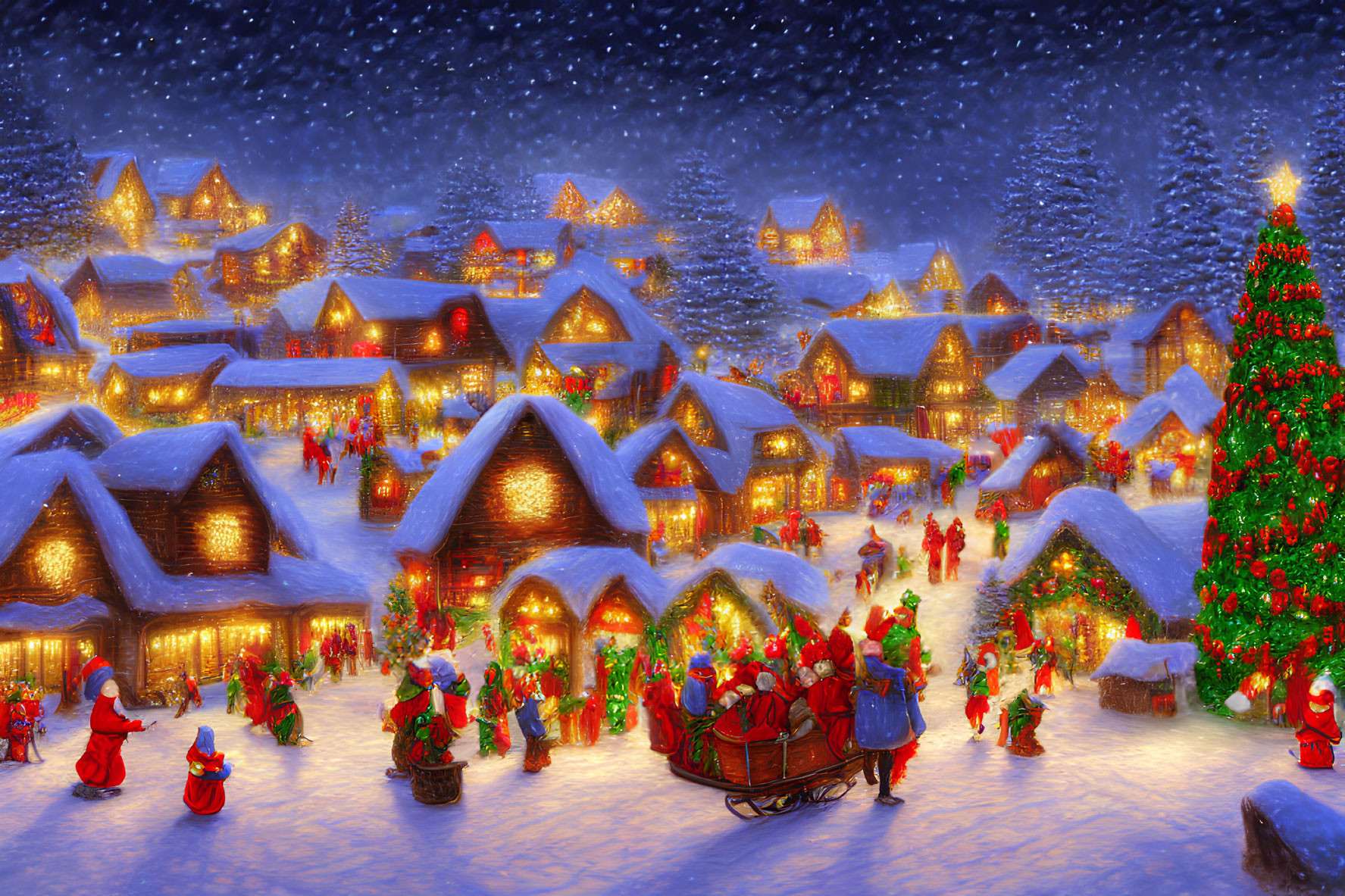 Festive Animated Christmas Village with Snow-Covered Cottages