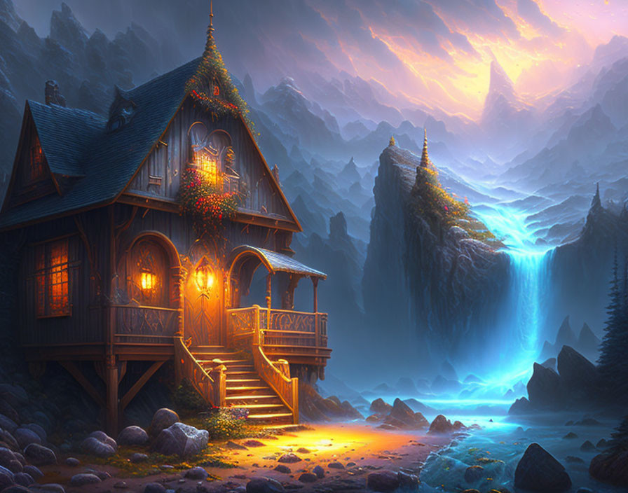 Enchanting wooden house in mystical landscape with waterfall