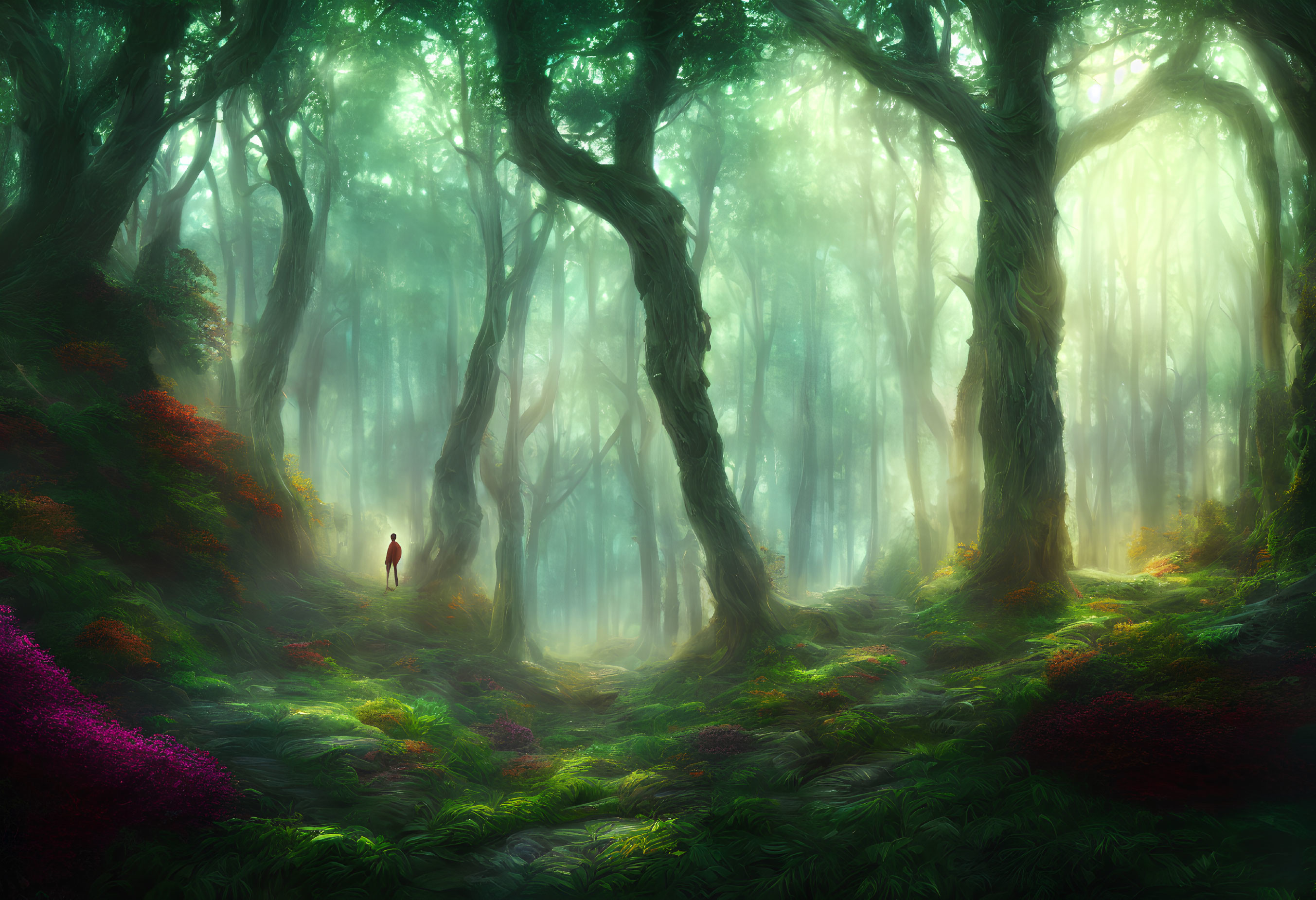 Mystical forest scene with vibrant green hues and colorful flowers