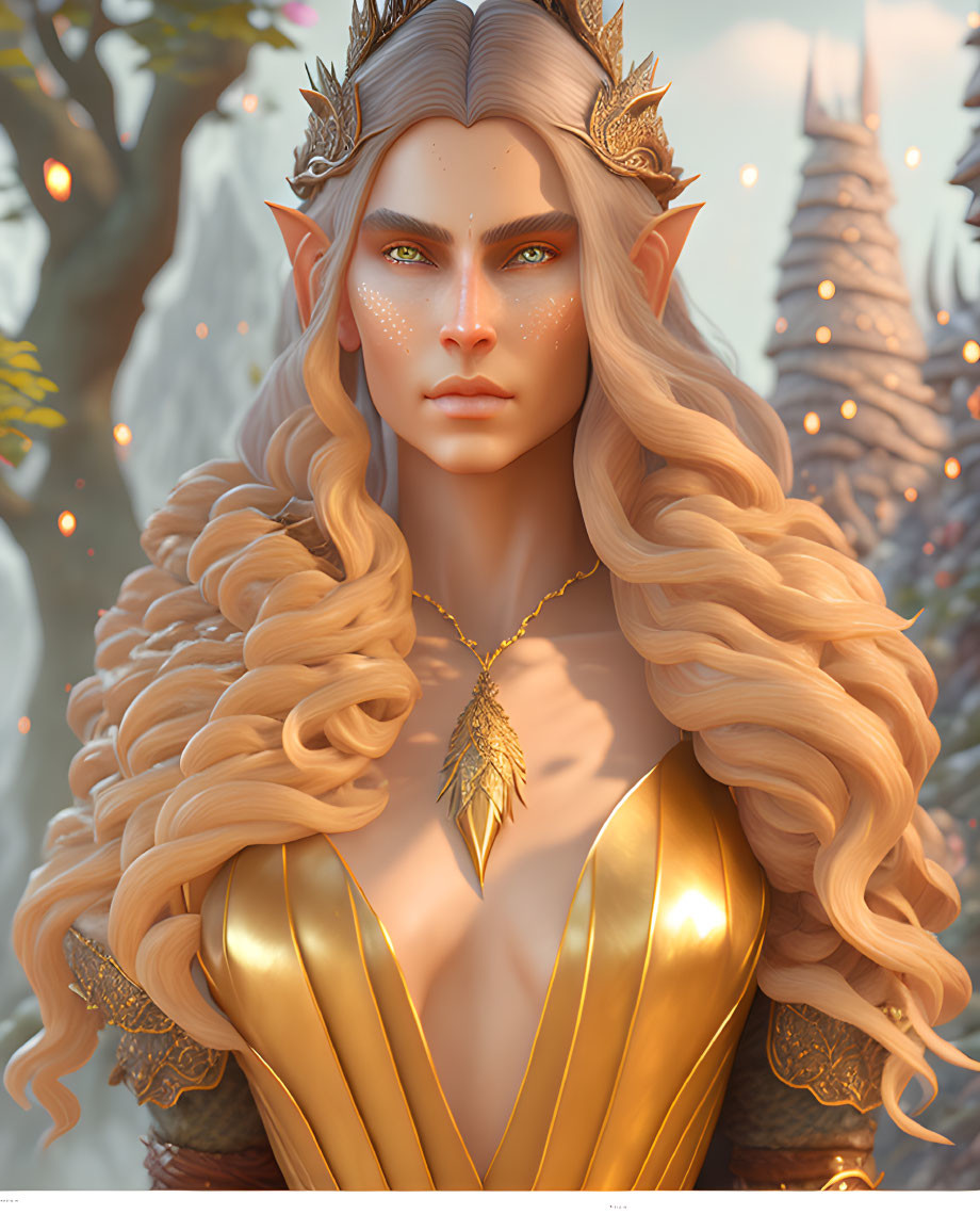 Blonde Elf Queen Digital Illustration in Mystical Forest