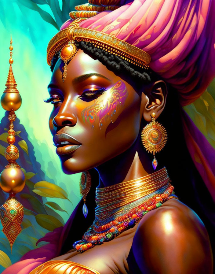 Colorful digital artwork of a woman with elaborate jewelry and face paint