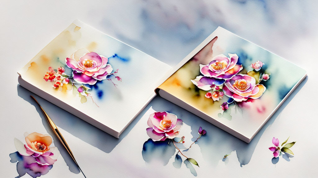 Watercolor Paintings of Vibrant Flowers on Open Book