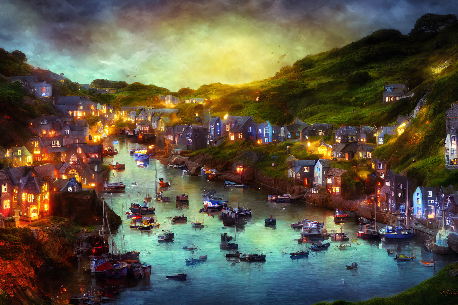 Vivid high-saturation coastal village at dusk with lit buildings and boats on calm waters