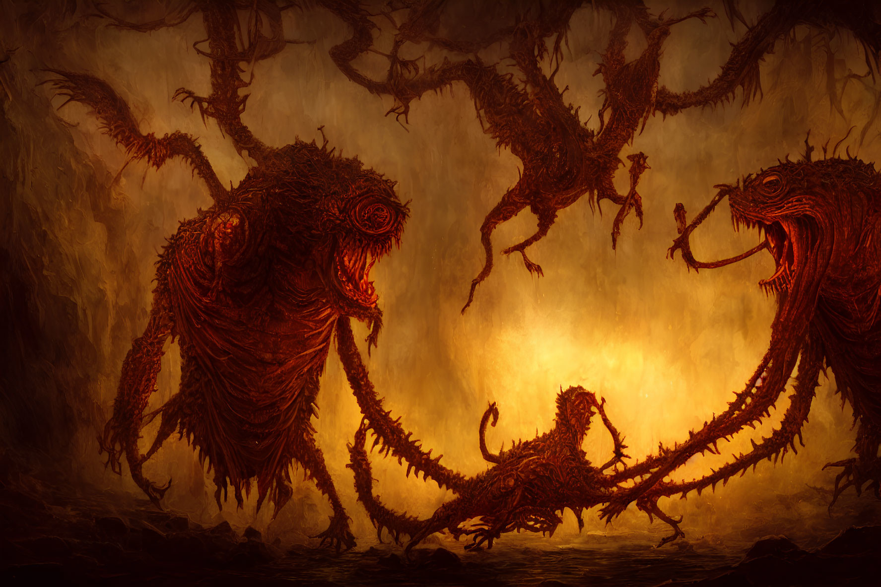 Fantastical scene with menacing creatures and fiery backdrop.