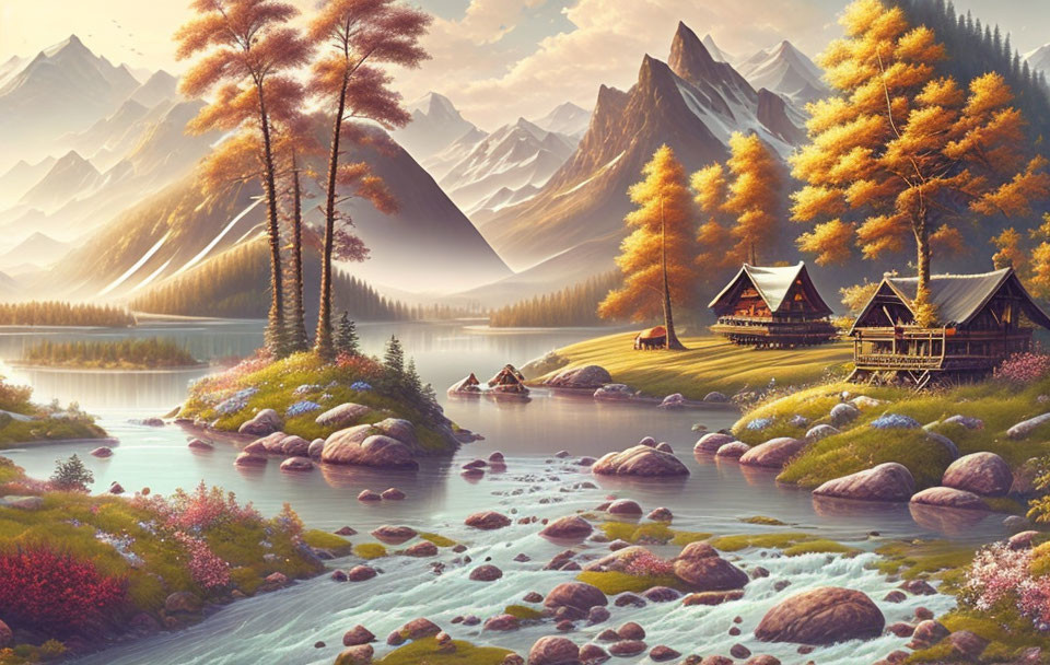 Autumn mountain landscape with cabins, lake, river, and misty peaks