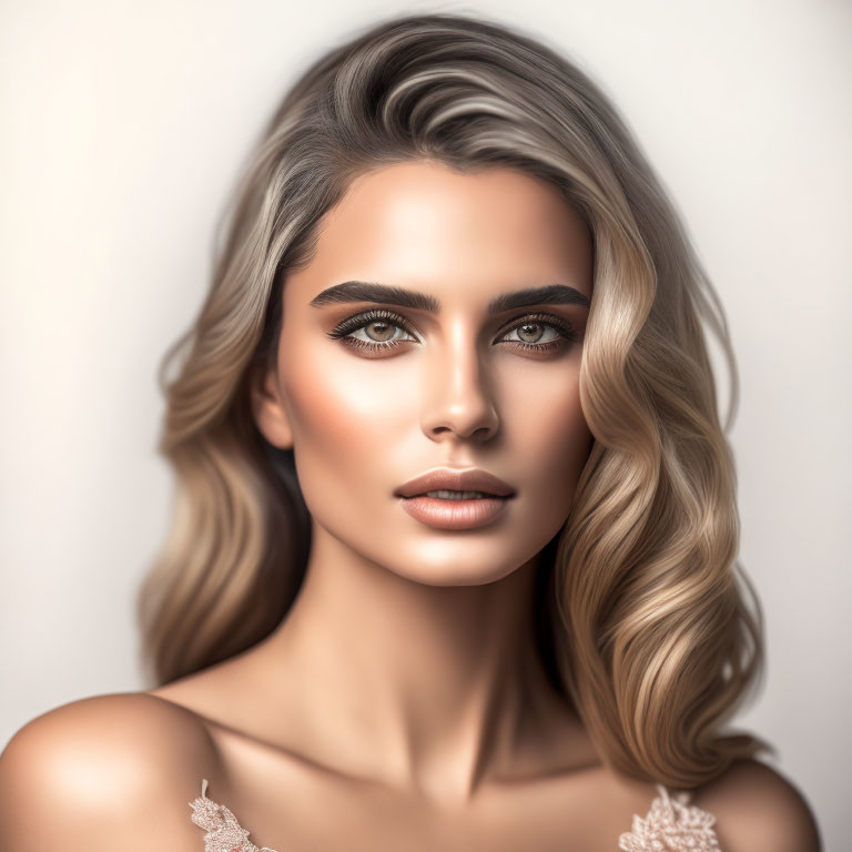 Digital Portrait: Woman with Wavy Hair & Striking Features