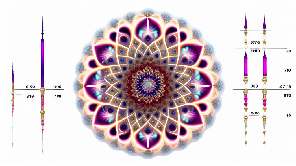 Symmetrical fractal image with intricate patterns and numerical data bars