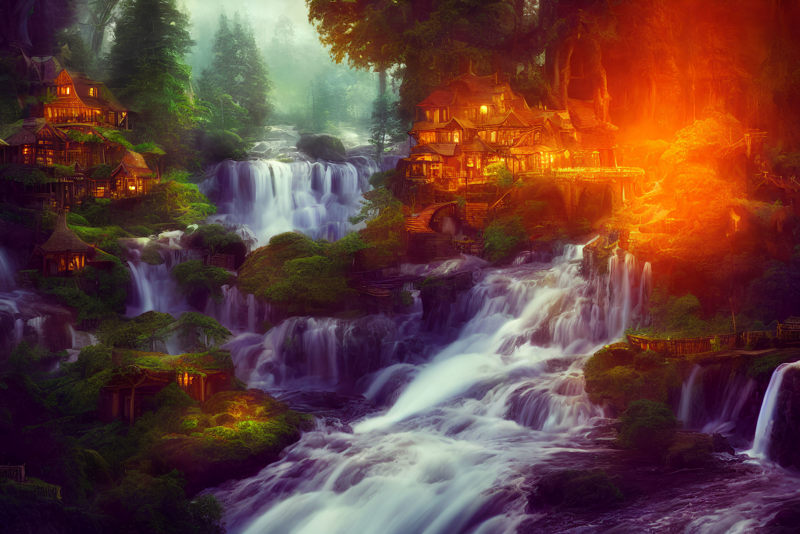 Rustic houses in mystical village by cascading waterfalls