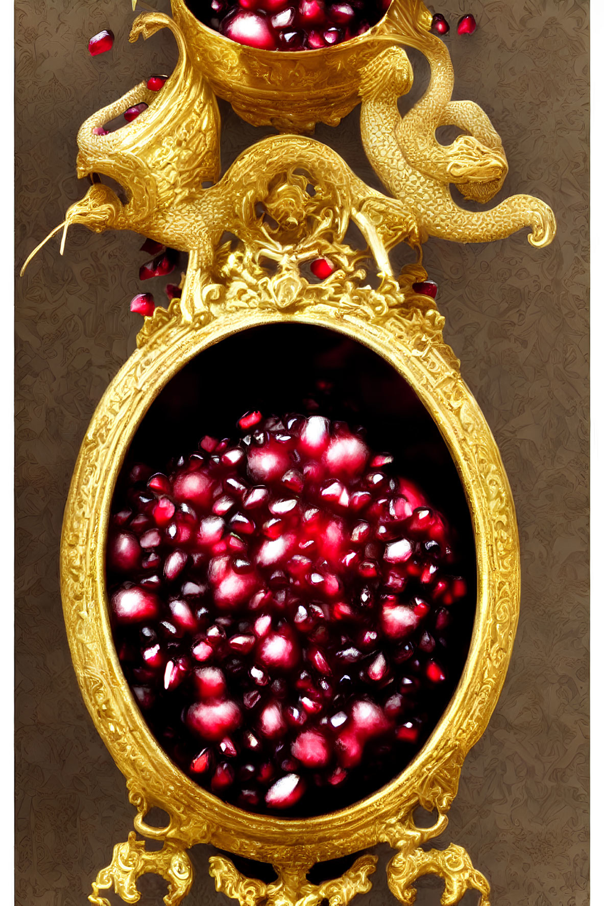 Golden Dragon Frame Mirror with Pomegranate Seeds Reflection