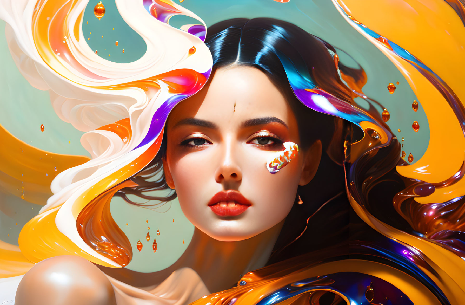 Colorful surreal portrait of woman with flowing hair