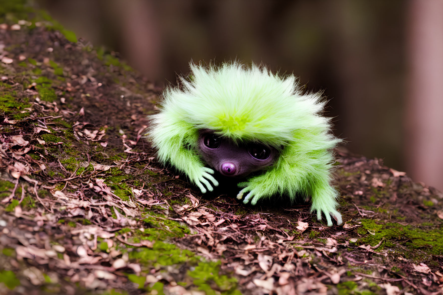 Fluffy neon green toy with big eyes in forest setting