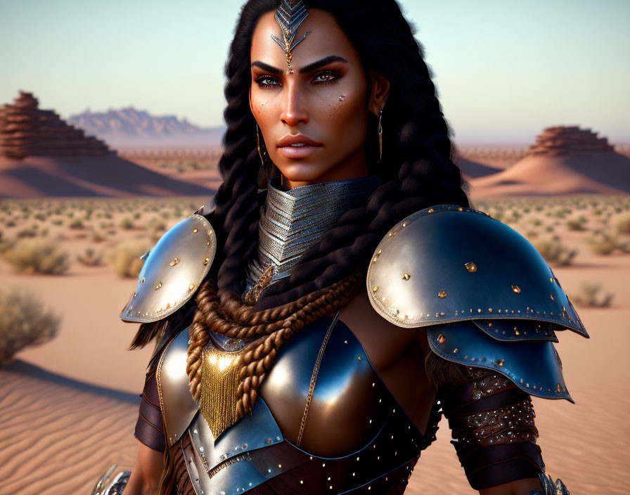 Warrior woman digital art: braided hair, blue armor, intricate designs, desert backdrop