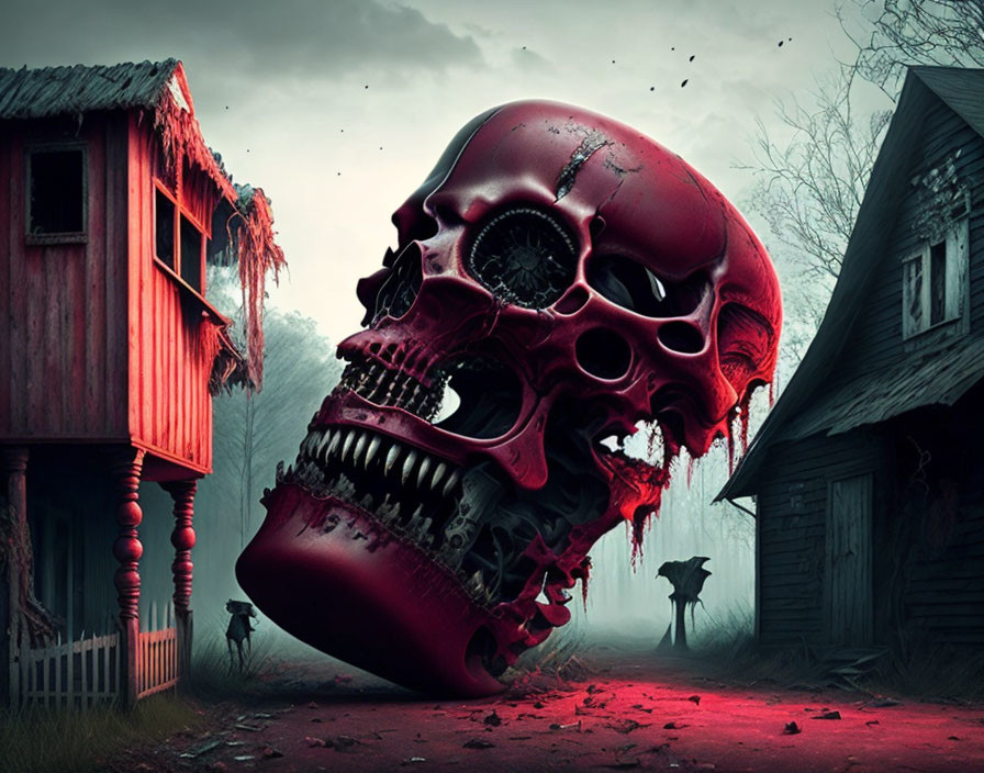 Surreal artwork: Giant red skull in misty landscape