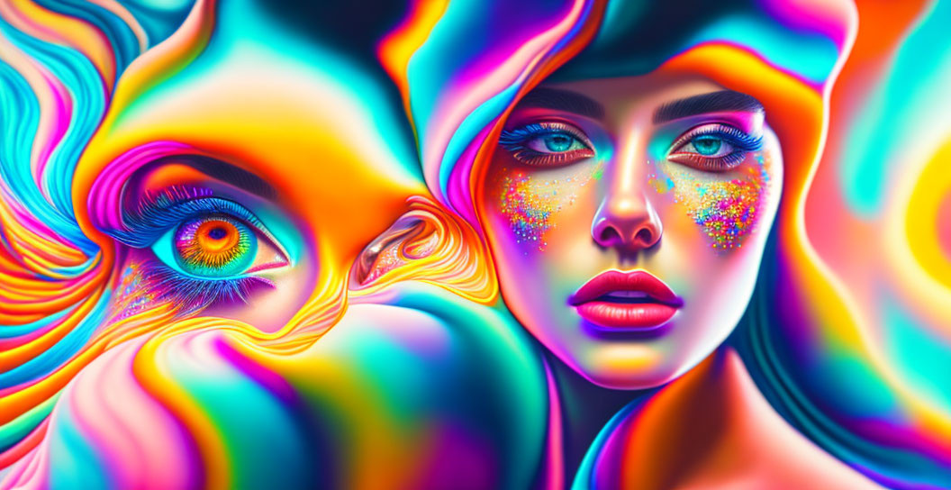 Colorful Psychedelic Portrait of Woman with Vibrant Makeup