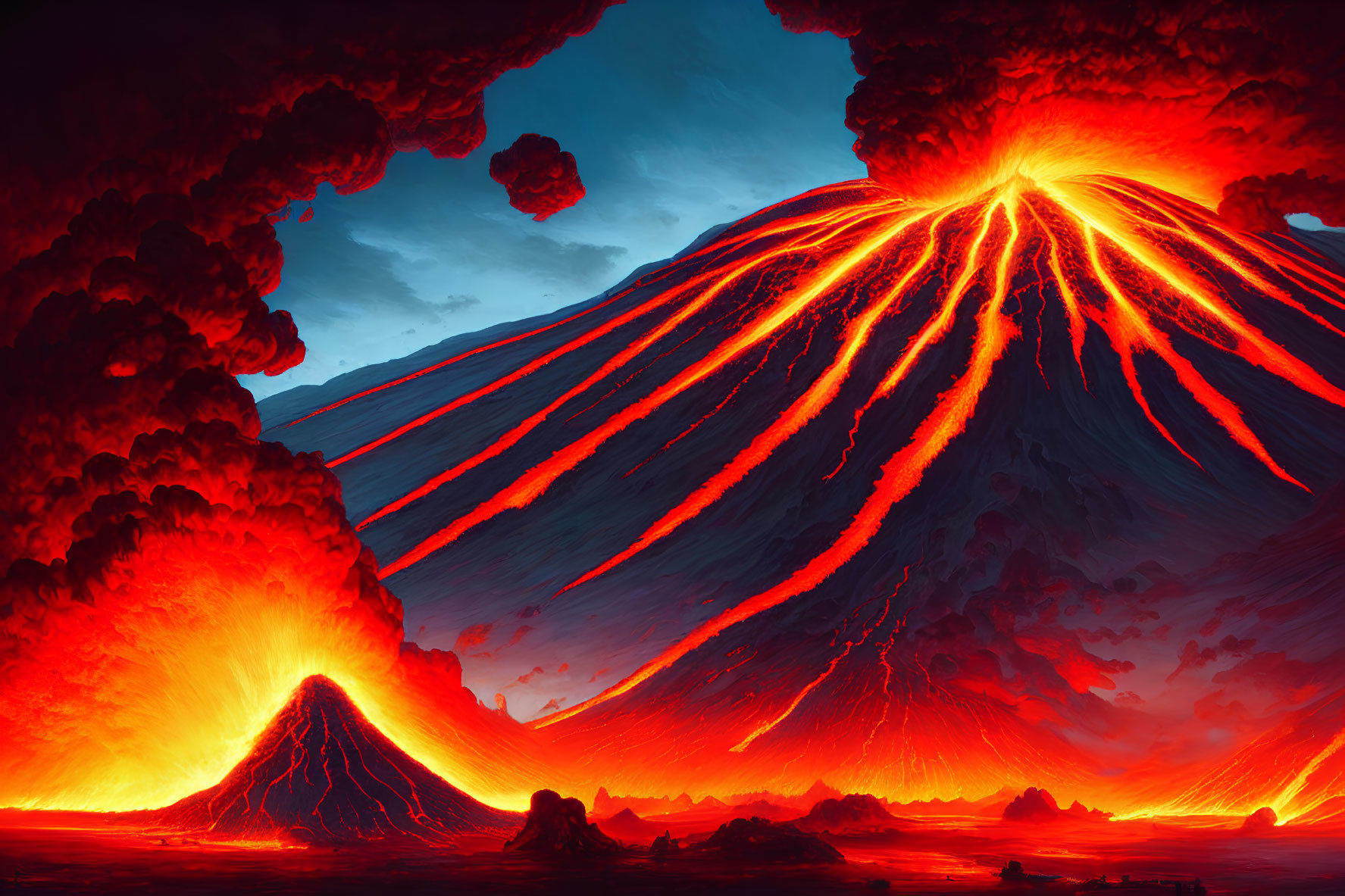 Erupting volcano with molten lava flows under fiery sky