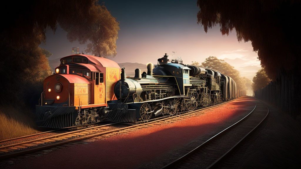 Vintage steam and modern diesel trains on tracks in a scenic forest setting