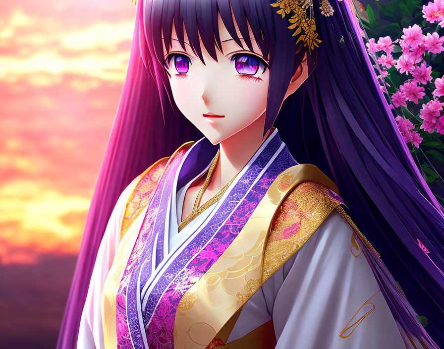 Purple-haired anime girl in kimono against sunset sky with pink flowers