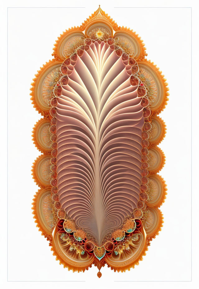 Symmetrical fractal image of intricate leaf-like pattern in warm hues