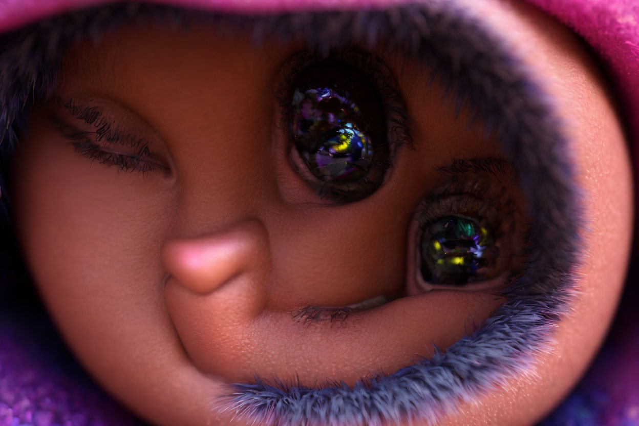 Detailed Close-Up of Doll's Face with Sparkling Black Eyes and Purple Fur-Lined Hood