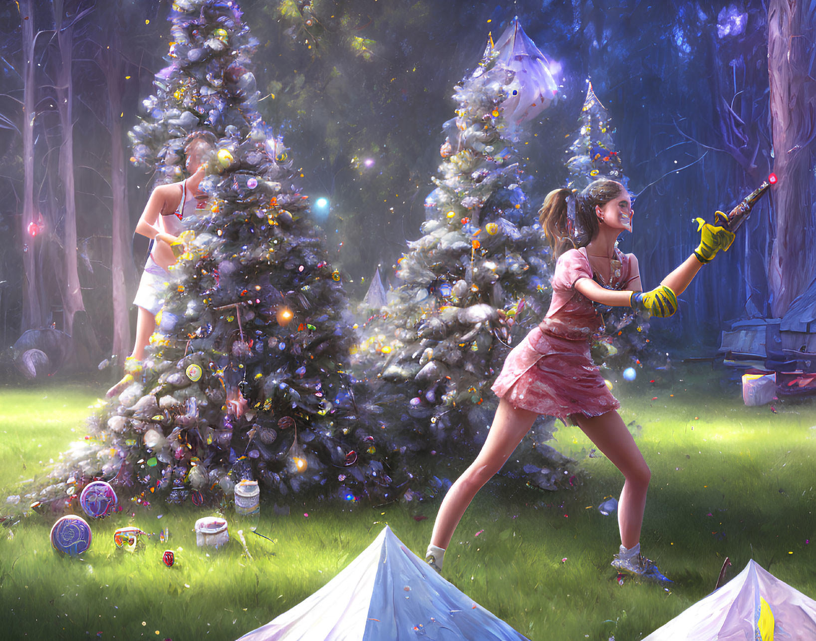 Playful snowball fight between two girls in a whimsical, snowy forest