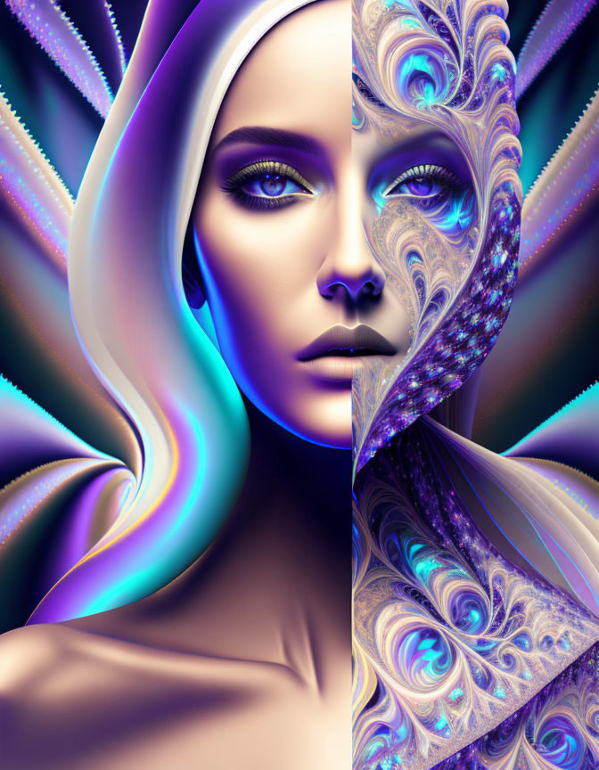 Surreal art: Woman's face merges with vibrant fractals