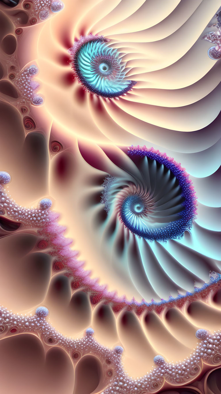 Fractal image with spiraling blue, pink, and brown patterns