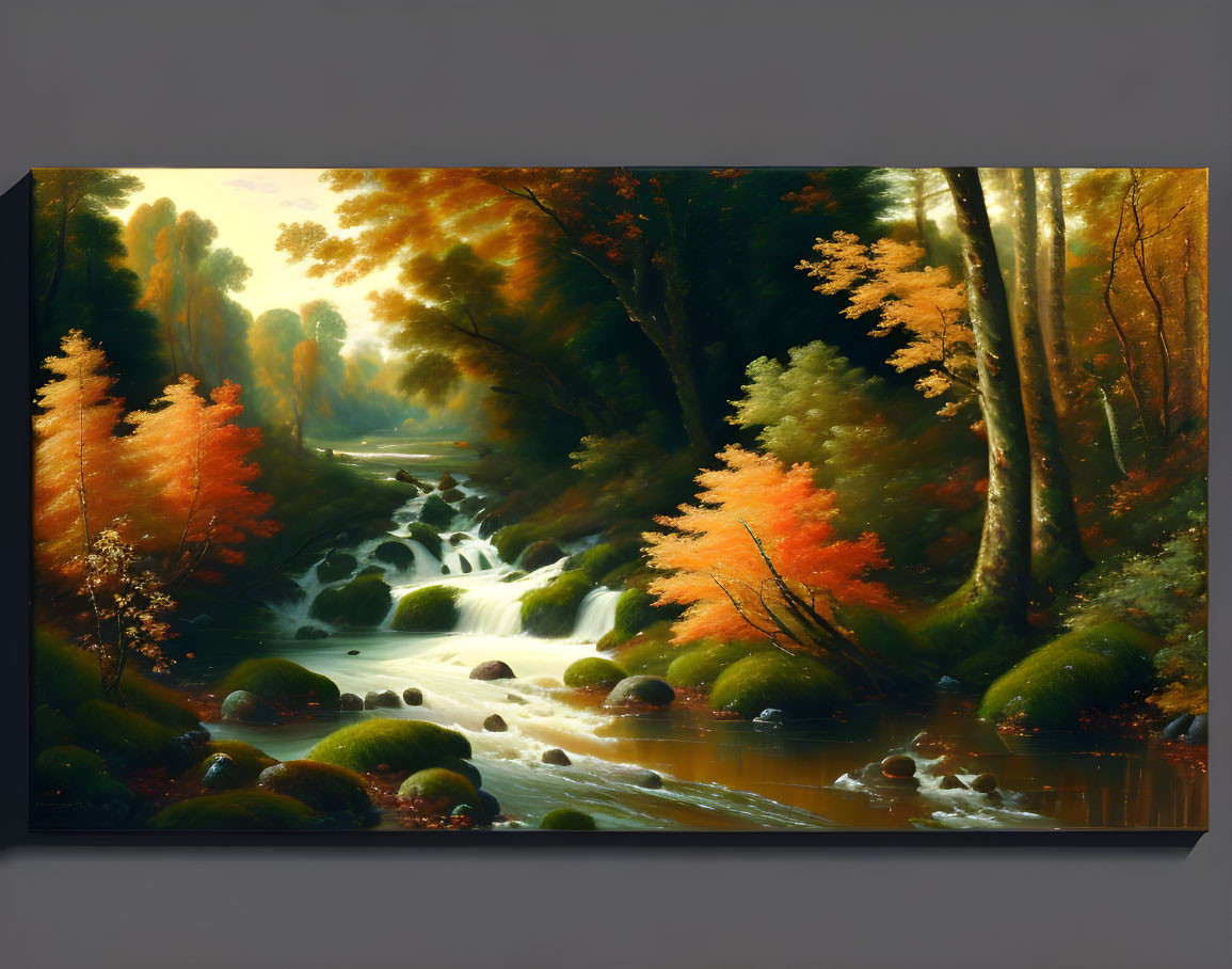 Tranquil forest scene with cascading stream and autumn trees at sunset