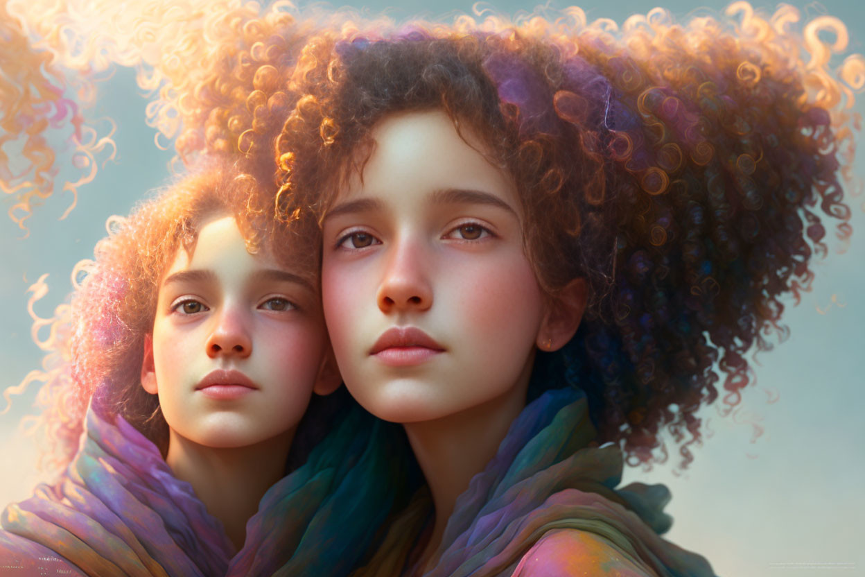 Two young individuals with curly hair and ethereal glow in colorful scarf portrait.