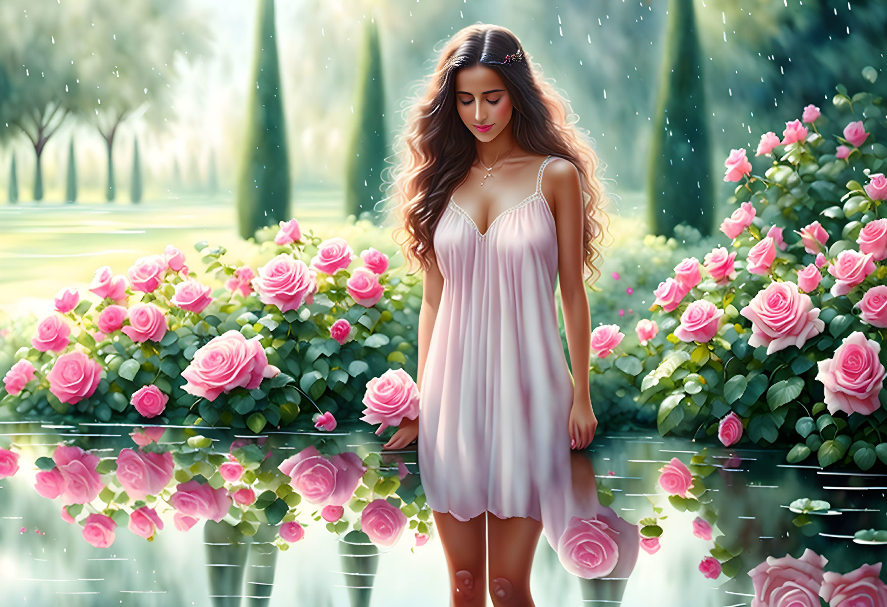 Woman in Pink Dress Standing in Serene Garden During Rain