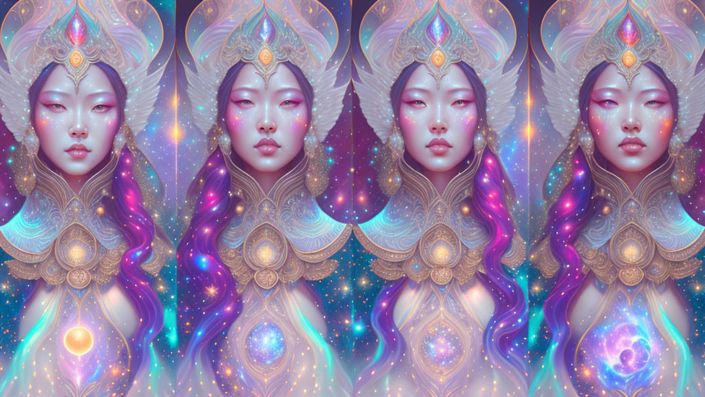 Symmetrical artwork of ethereal beings with ornate headdresses and cosmic attire.