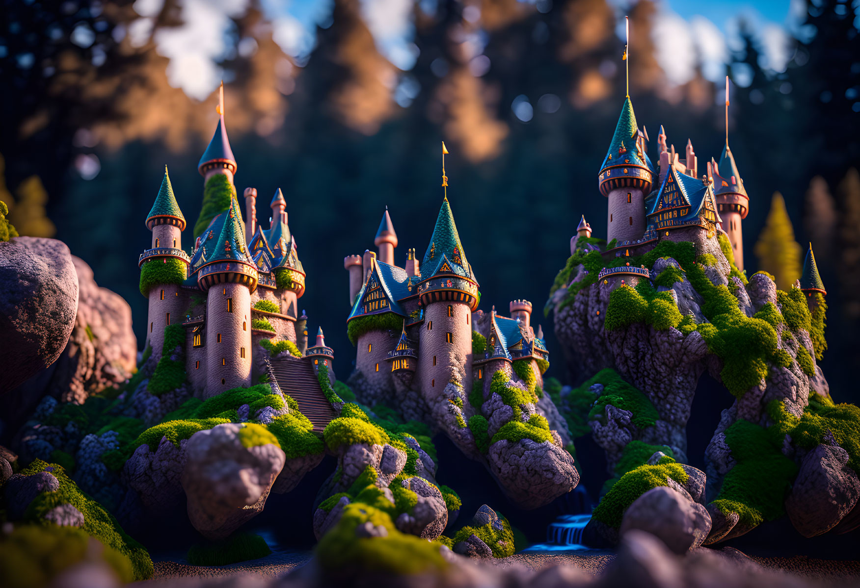 Miniature castle with spires in lush greenery, bathed in sunlight.