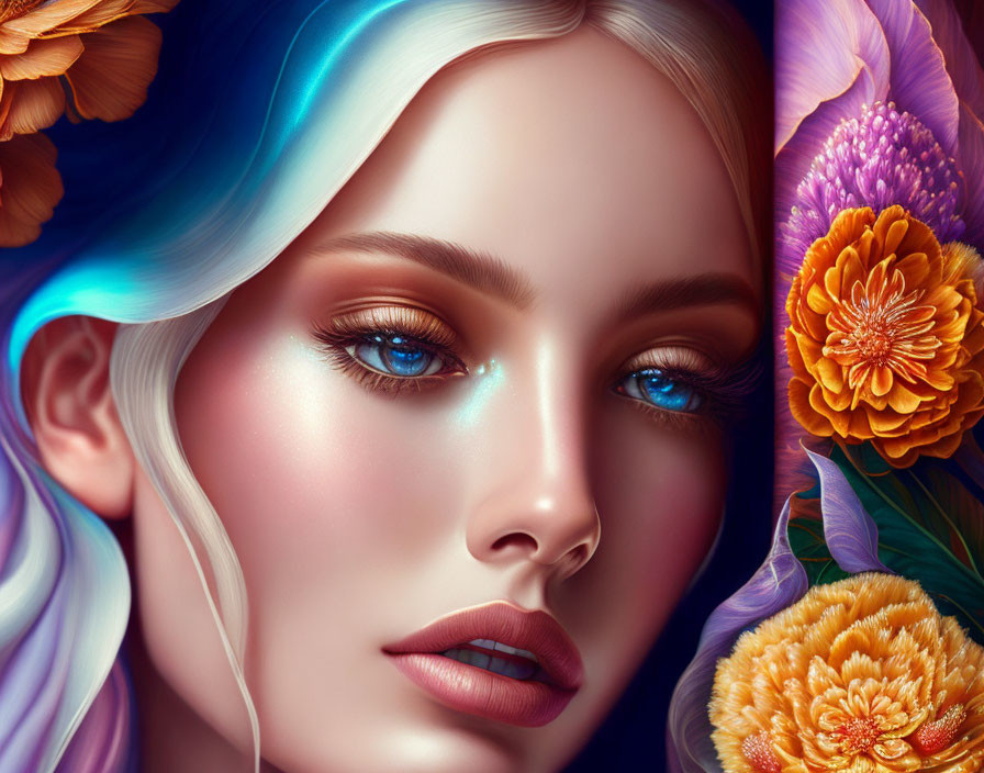 Portrait of Woman with Striking Blue Eyes and Vibrant Flowers