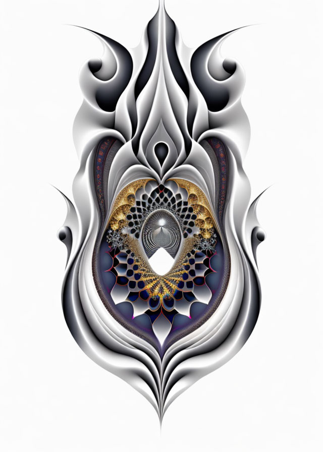 Symmetrical fractal design with heart shape, monochromatic palette, gold & purple accents