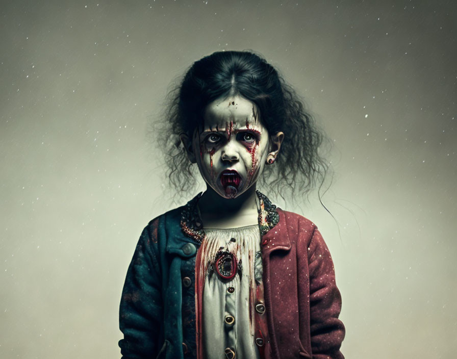 Child with Zombie Makeup Staring Against Starry Background