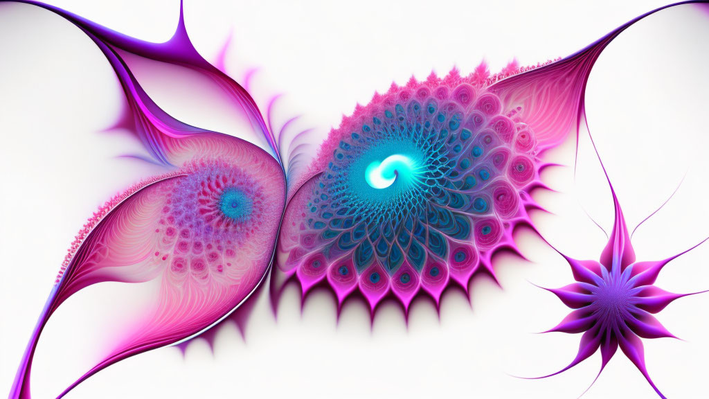 Colorful digital fractal image with intricate patterns in pink, purple, and blue