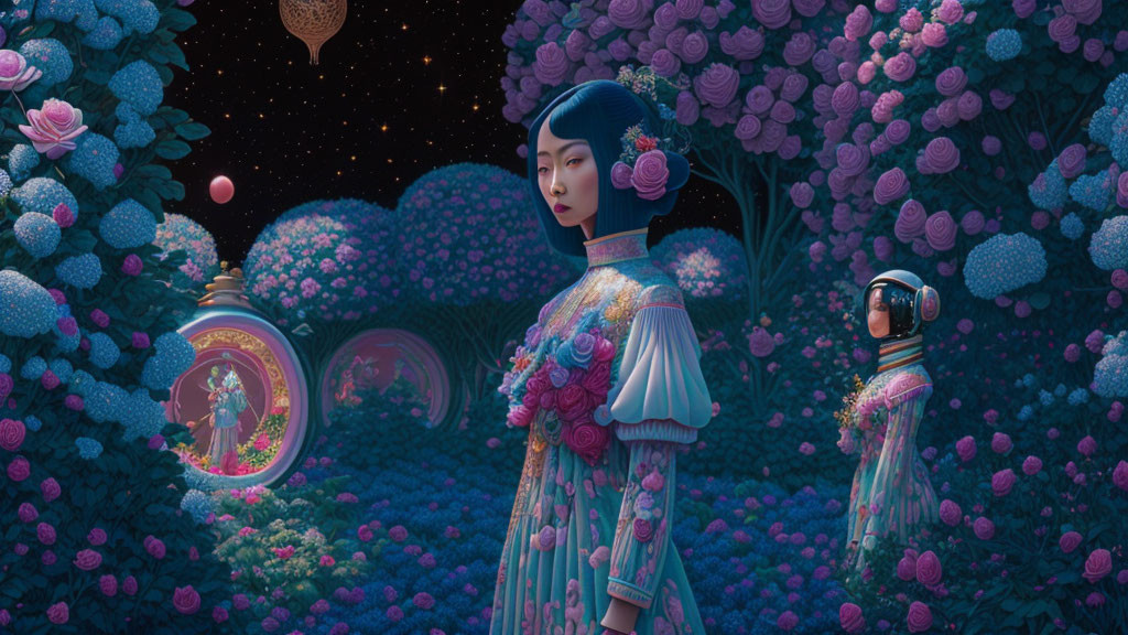 Stylized woman in floral dress in night garden with robot and lanterns