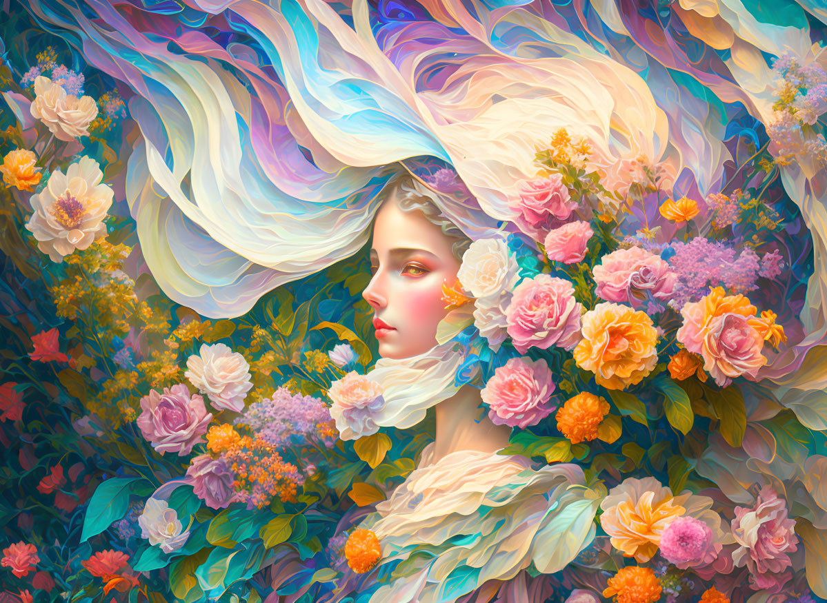 Colorful artwork of woman with flowing hair and flowers