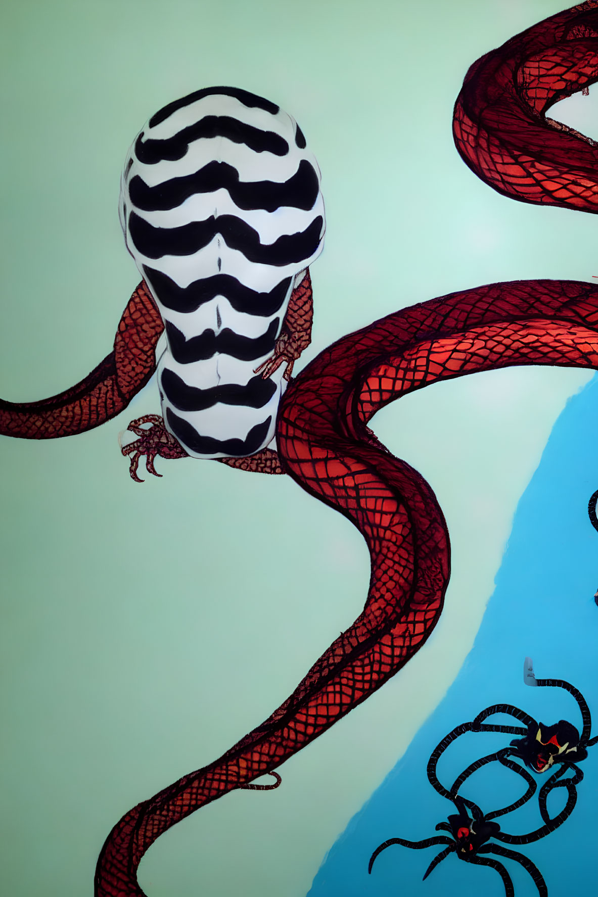 Stylized red snake with black pattern and skull-like head intertwined with blue serpent on gradient background