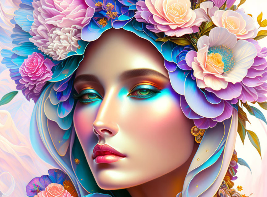 Colorful digital artwork: Woman with floral headdress & intricate details