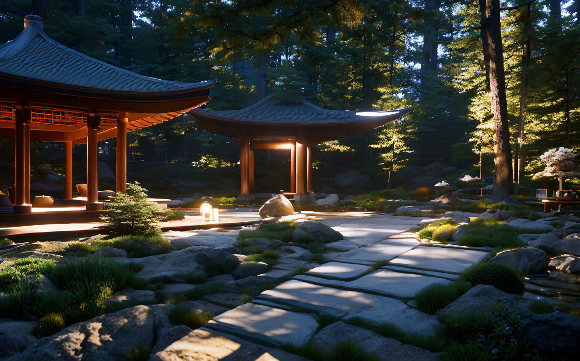 Japanese garden at dusk with traditional pavilions and lanterns