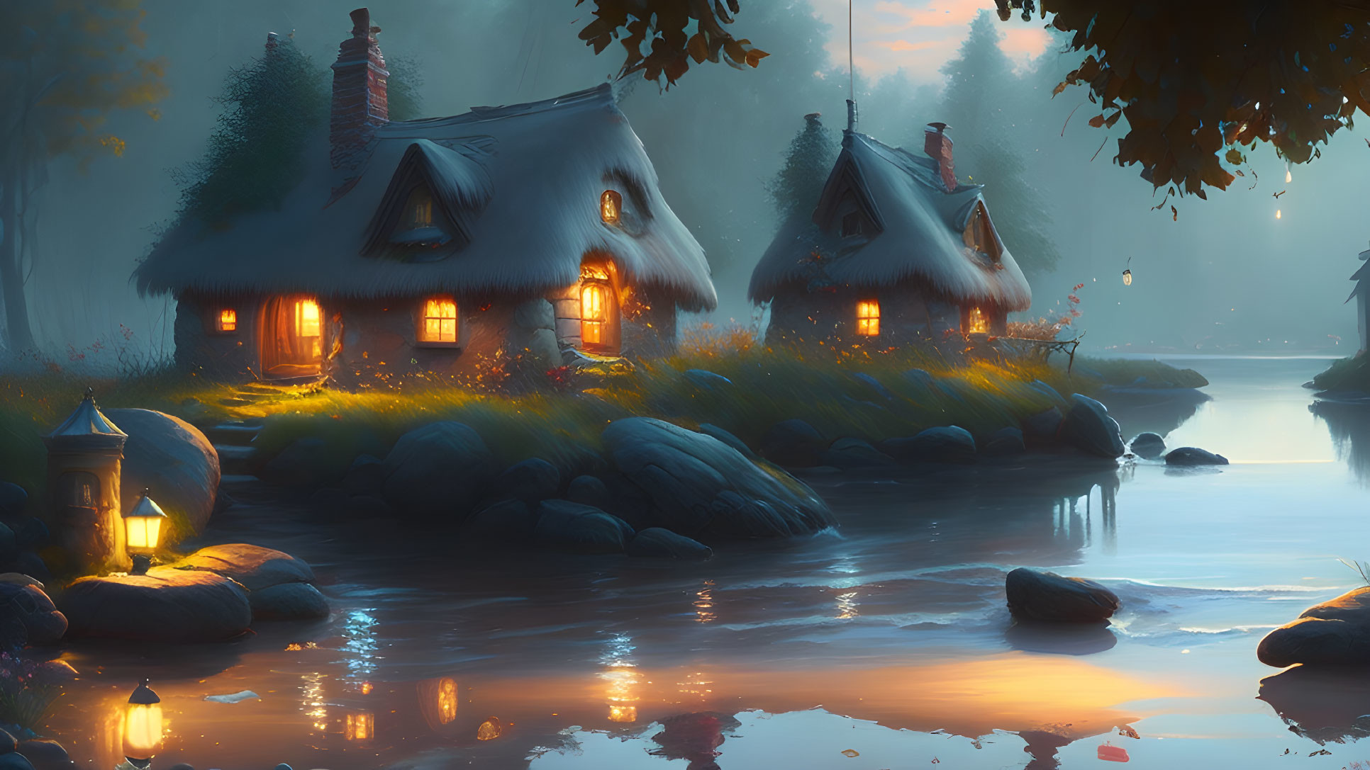 Thatched-roof cottages by serene lake at dusk