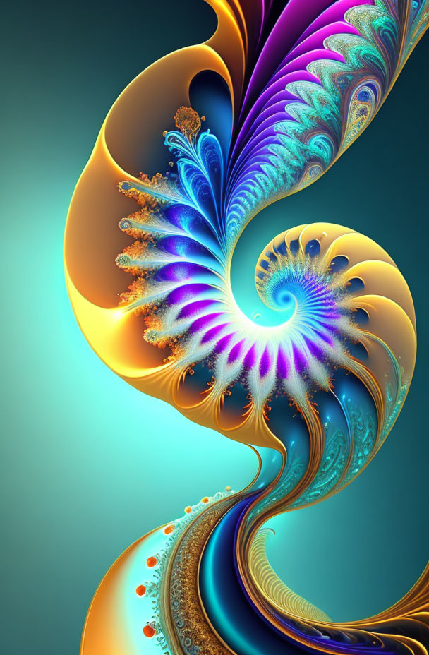 Colorful swirling fractal art in blue, gold, and purple on teal background