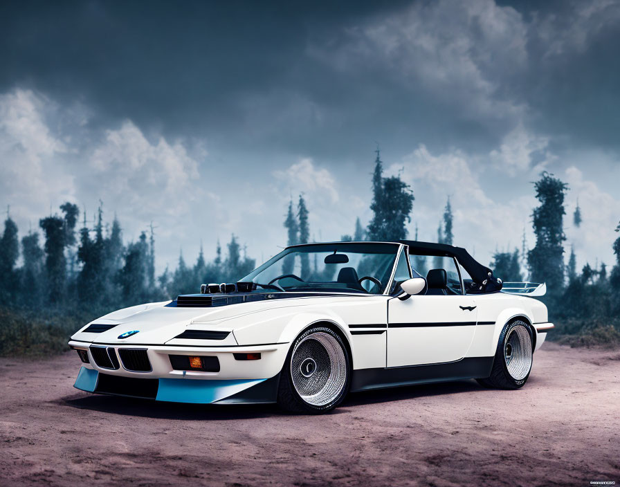 White BMW M1 Convertible with Blue Racing Stripes in Forest Setting