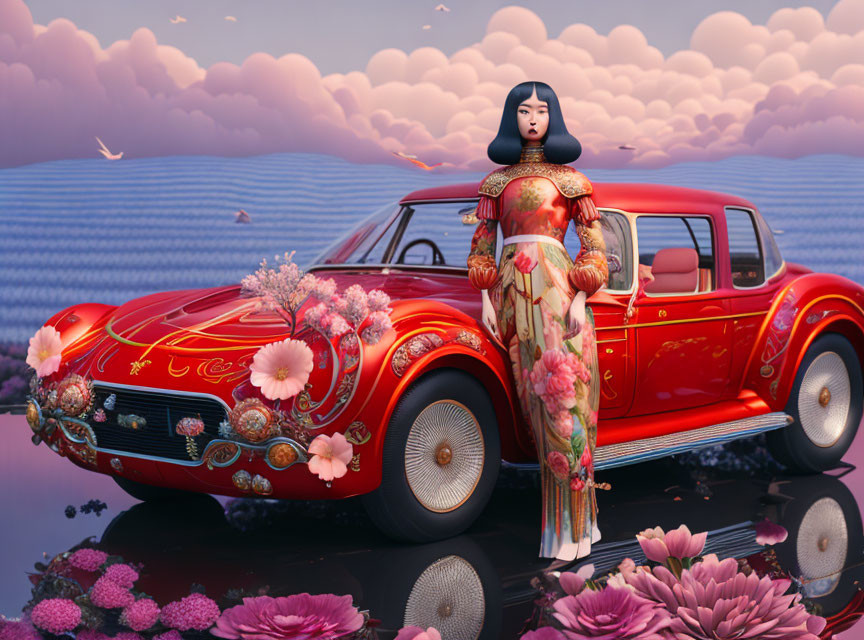 Illustration of stylized woman in floral attire by vintage car on pink lake