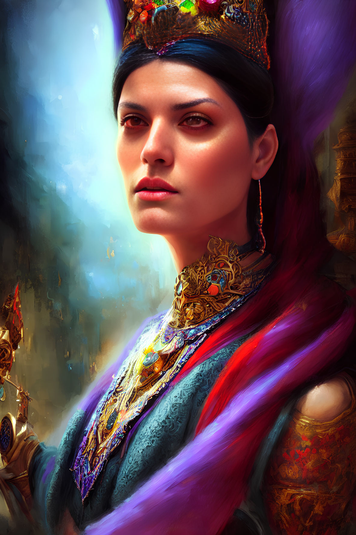 Regal woman in jewel-encrusted crown and colorful garments