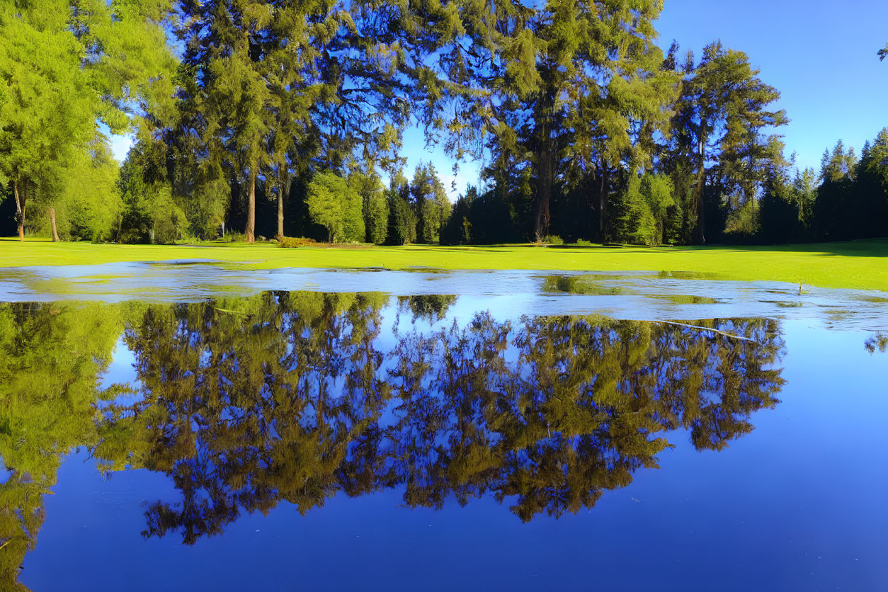 Tranquil pond with lush green trees reflecting in clear blue sky