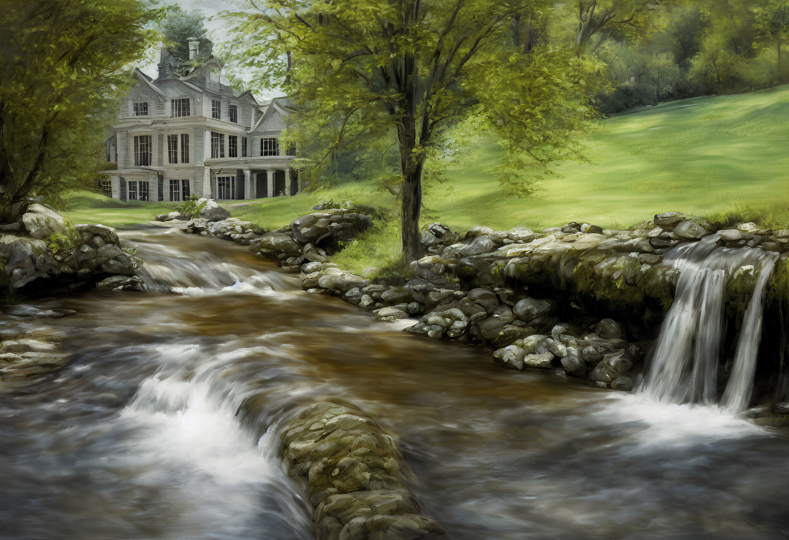 Tranquil landscape with grand house, lush greenery, stream, and waterfall